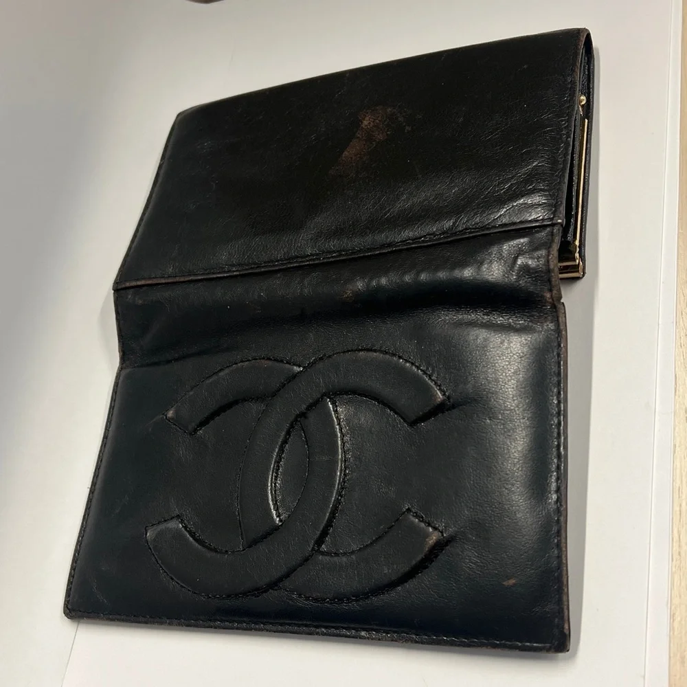 Black Leather Long Bifold Snap Clutch Wallet